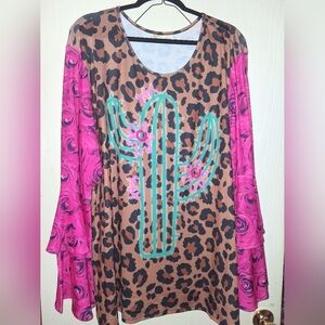 Leopard and Pink Floral Cactus Long Sleeve Top